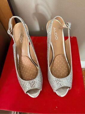 ALDO Silver Glitter Peep-Toe Slingback Heels